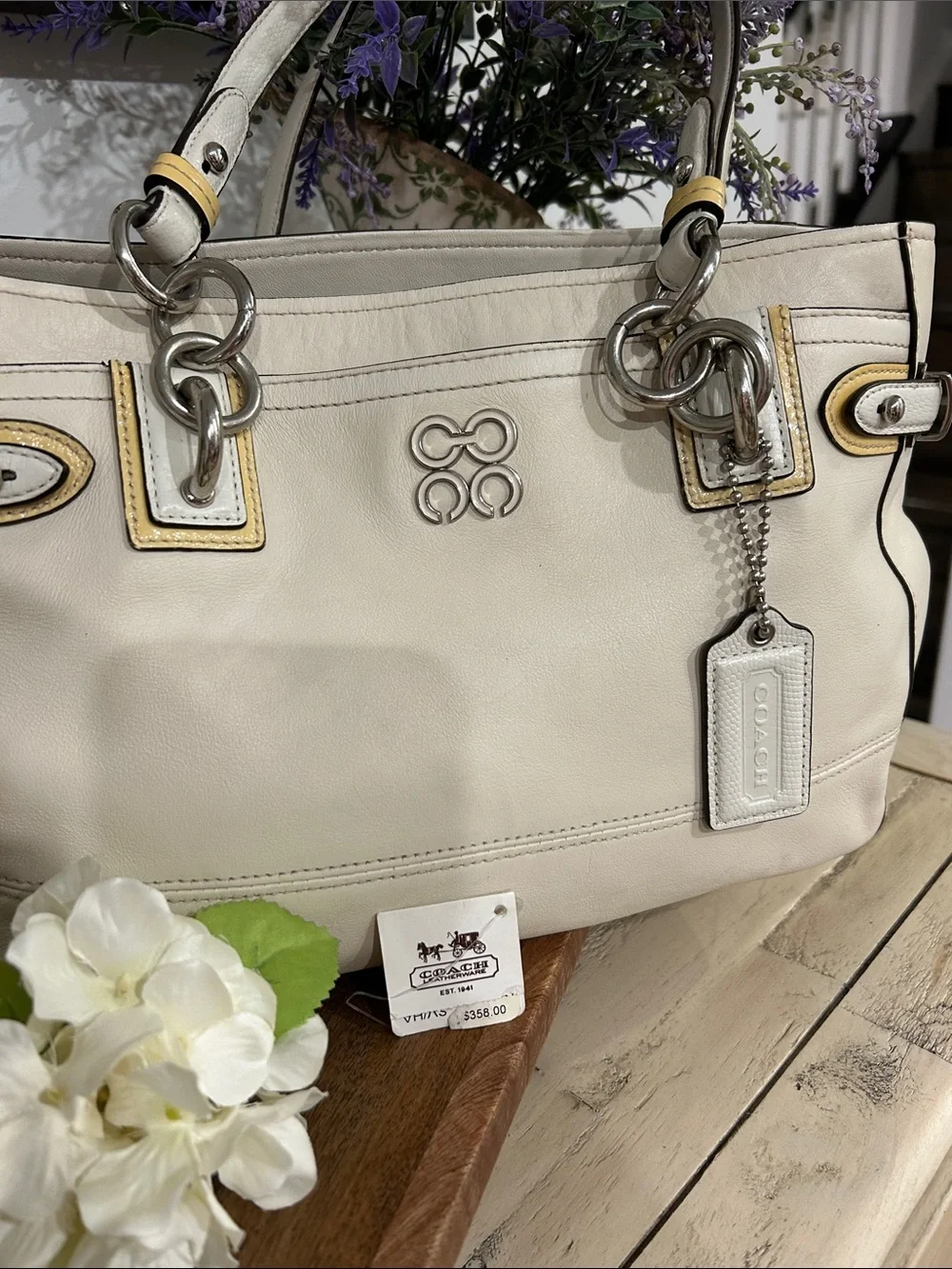 Coach Cream Leather Shoulder Tote with Yellow Accents